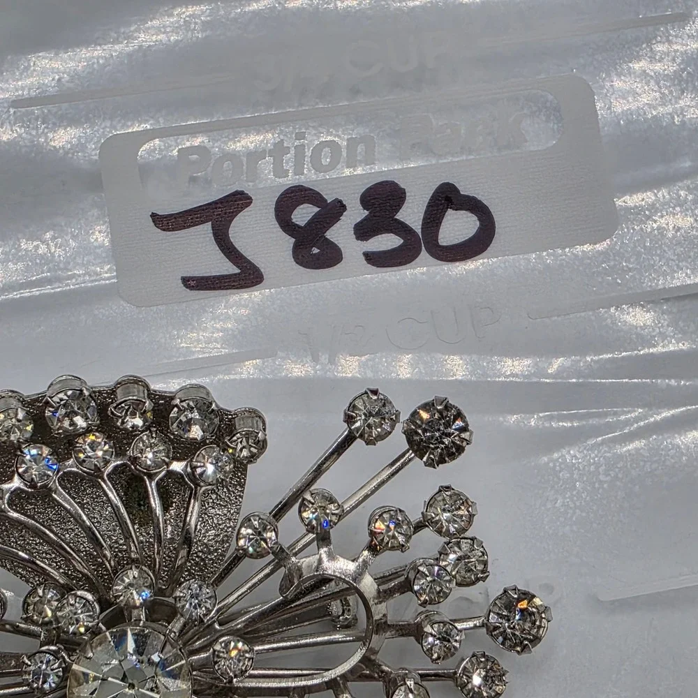 Vintage Silver Tone Clear Rhinestone Atomic Starburst Sunburst Brooch Pin